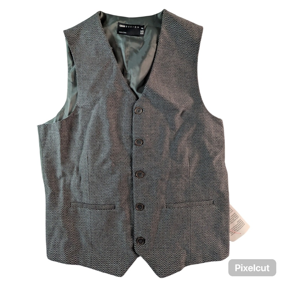 ASOS DESIGN skinny suit vest in navy wool look herringbone 42 Reg